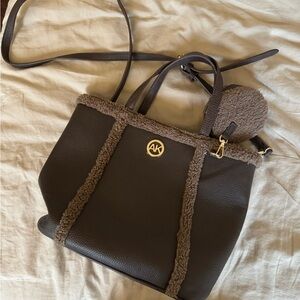 Anne Klein Women Expresso Faux Pebble Leather Fur Trimmed Satchel Purse Tote